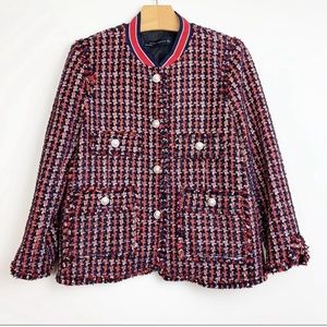 Zara Woman Tweed Frayed Jacket w/ Striped detail L